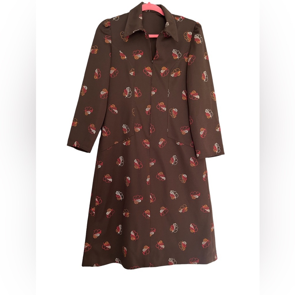 Vintage French Brown Long Sleeve Dress with Acorn and Fall Leaves Embroidery